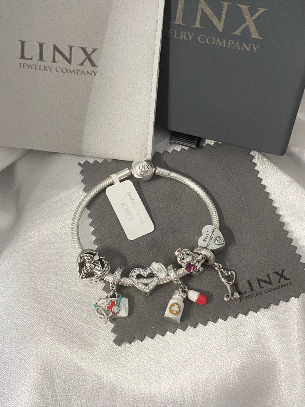 Linx Sterling Silver Snake Chain Bracelet with Nurse Practitioner Themed Charms